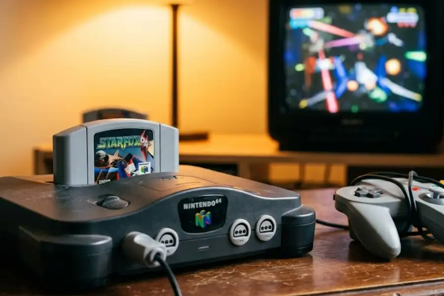 Vintage Nintendo 64 console with Star Fox 64 game cartridge and grey controller on a wooden desk