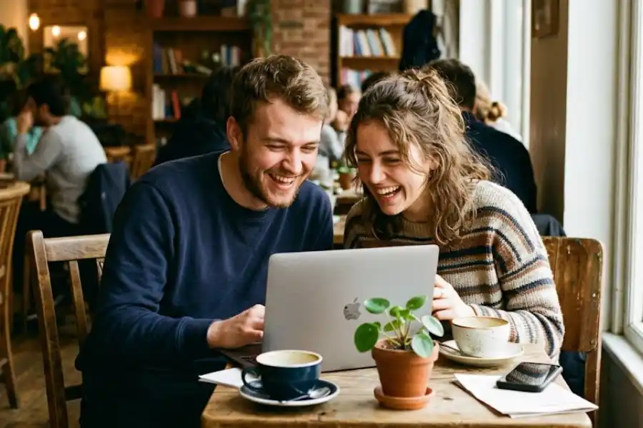 Two friends laughing together while looking at a laptop showing a fun Google search trick