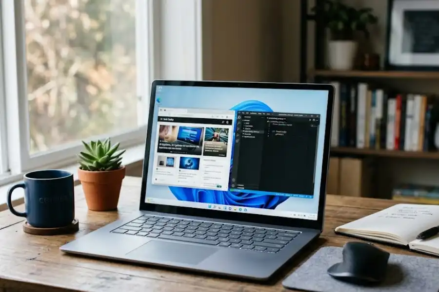 Modern home office desk with a Windows 11 laptop showing snapped application windows and a clean productive workspace