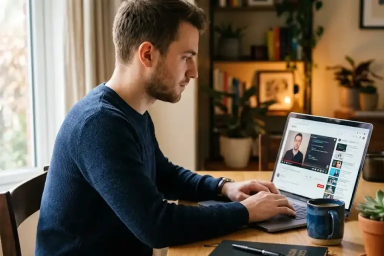 Person using YouTube on a laptop with both hands resting on the keyboard ready to press shortcut keys