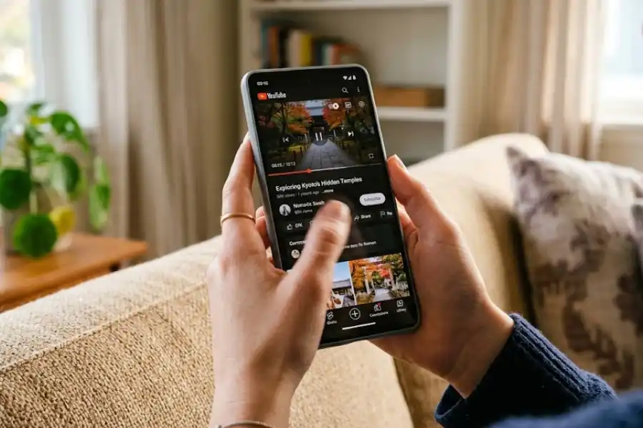 YouTube Keyboard Shortcuts: 40+ Hidden Keys That Save Hours 3 Hand holding a smartphone vertically with a thumb mid-swipe across a YouTube video playing on the screen