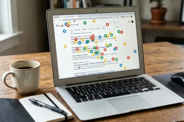 Laptop screen showing the Zerg Rush easter egg with colorful letter O's attacking a Google search results page
