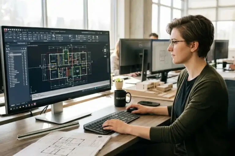 AutoCAD Software Commands: The Complete Guide Every Beginner Needs 13 A professional designer using AutoCAD software commands at a modern workstation
