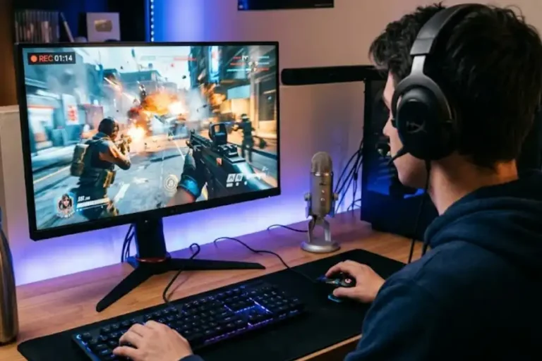 A gamer recording gameplay at a desktop PC setup with a recording indicator visible on screen