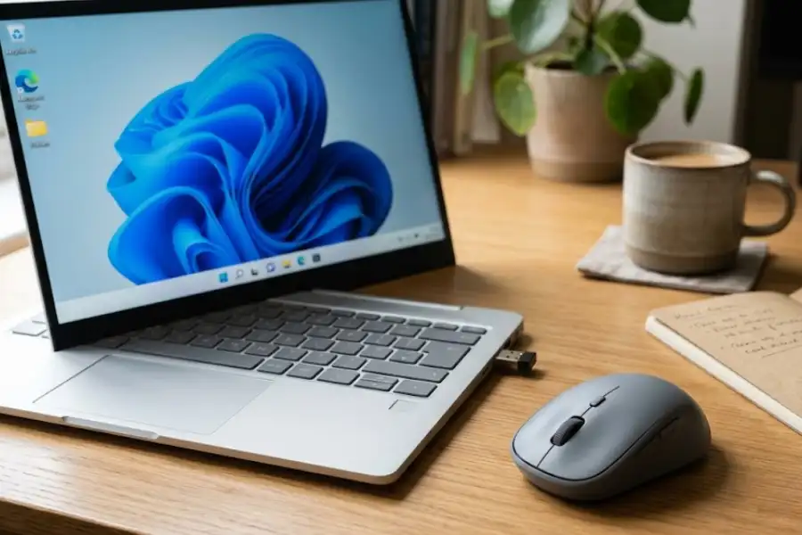 Elecom wireless mouse and laptop displaying Windows 11 on a home office desk