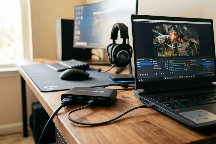 Gamer setting up Elgato Game Capture Neo with console and laptop on desk