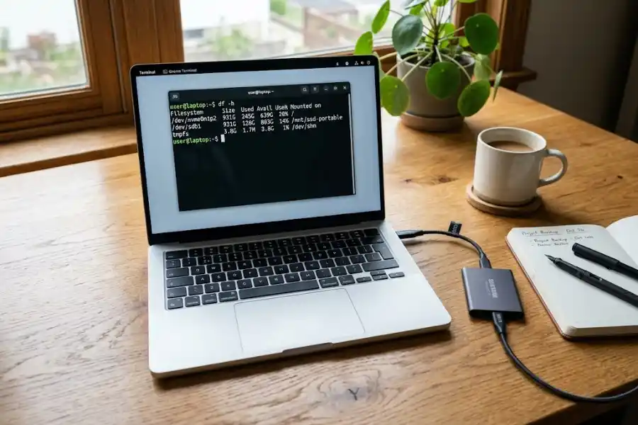 How to Force Mount a Drive in Linux Terminal Command? (Step-by-Step) 2 Overhead view of a laptop displaying a Linux terminal window next to a portable external solid-state drive on a wooden desk.