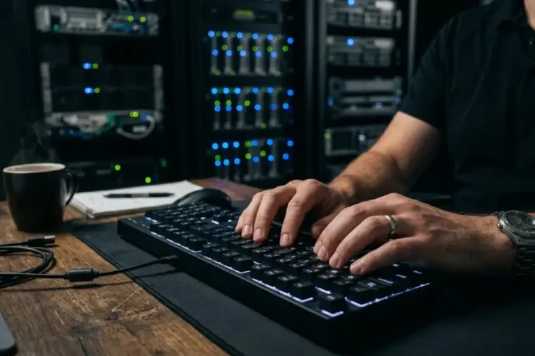 Close-up of a system administrator's hands typing commands on a mechanical keyboard inside a dimly lit server room.