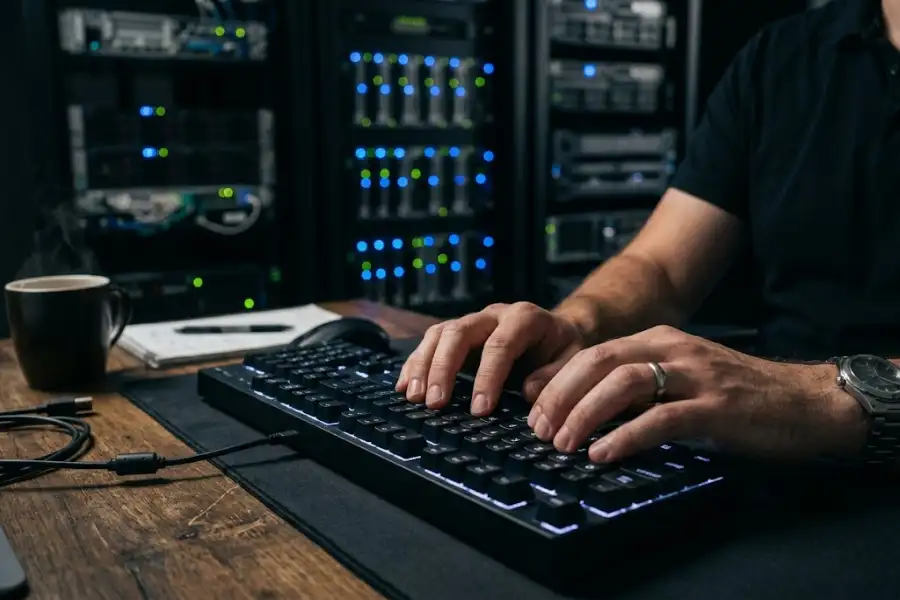 Close-up of a system administrator's hands typing commands on a mechanical keyboard inside a dimly lit server room.