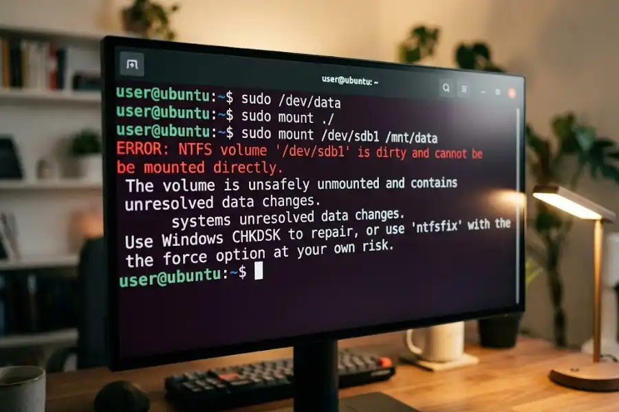 How to Force Mount a Drive in Linux Terminal Command? (Step-by-Step) 3 Close-up shot of a computer monitor displaying a Linux terminal window with a red filesystem error message.