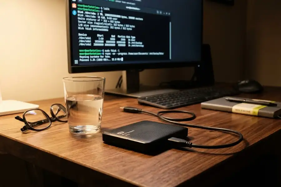 How to Force Mount a Drive in Linux Terminal Command? (Step-by-Step) 4 A black external hard drive resting on a dark wood desk next to a coffee cup with a computer screen visible in the background.
