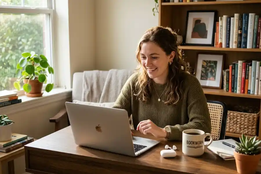 A person sitting at a laptop on a clean wooden desk, looking at the Google homepage with the I'm Feeling Lucky button visible on screen