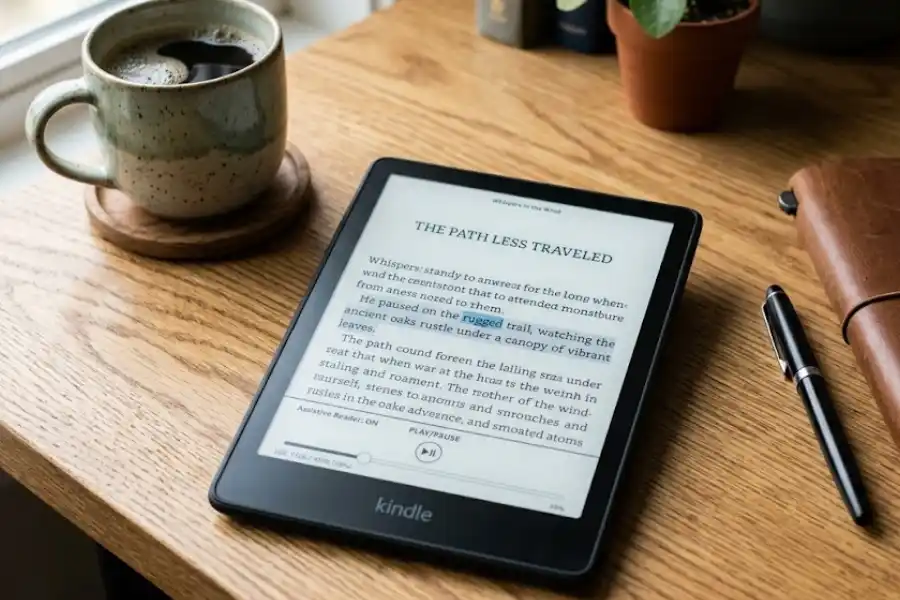 Kindle device showing Assistive Reader and new 5.18.5 update interface on screen