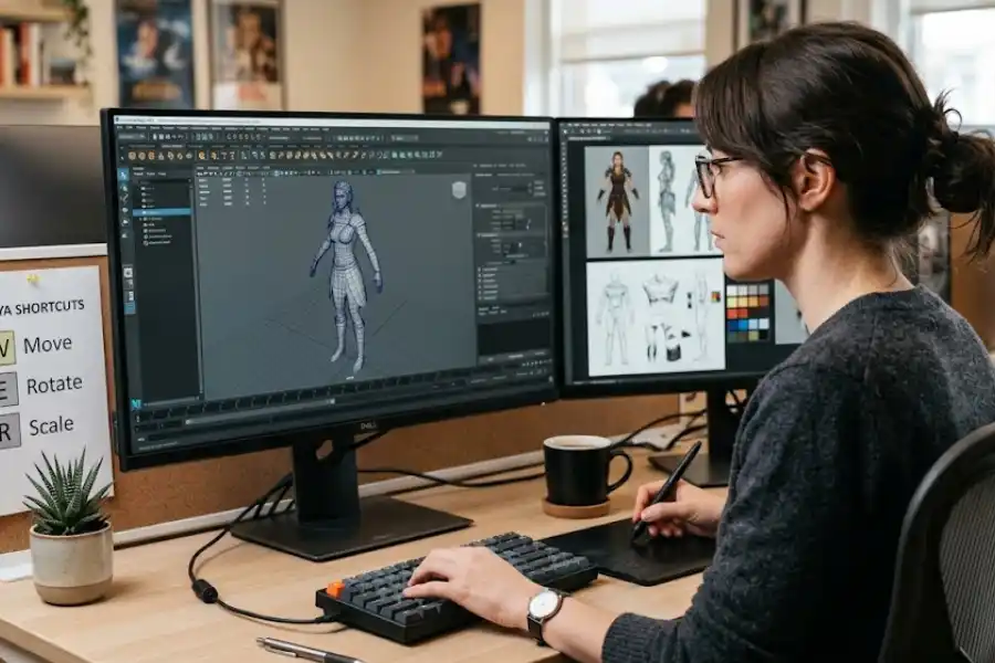 A professional 3D artist working in Autodesk Maya at a studio workstation using keyboard shortcuts on a mechanical keyboard