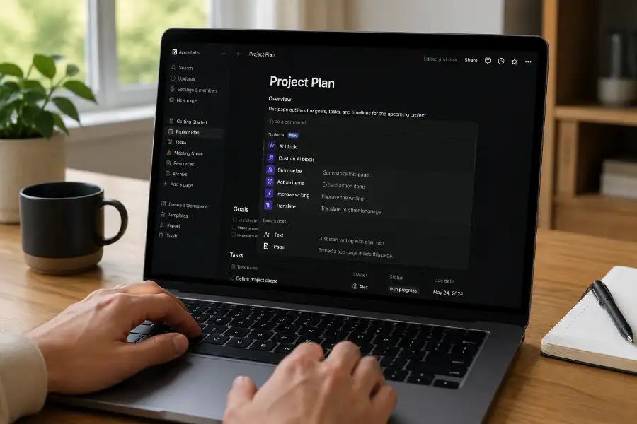 Notion AI interface open on a laptop showing slash commands menu with purple AI options visible in a clean workspace
