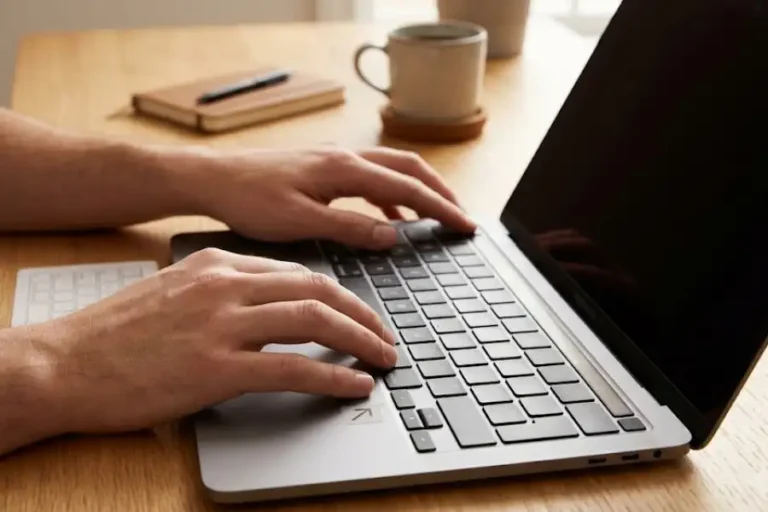 Person pressing SMC reset key combination on a MacBook Pro keyboard on a wooden desk