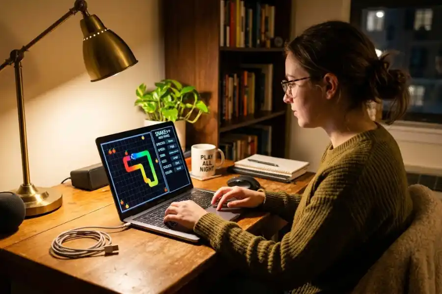 Person playing a modified snake game on a laptop with a colorful mod menu open on the screen