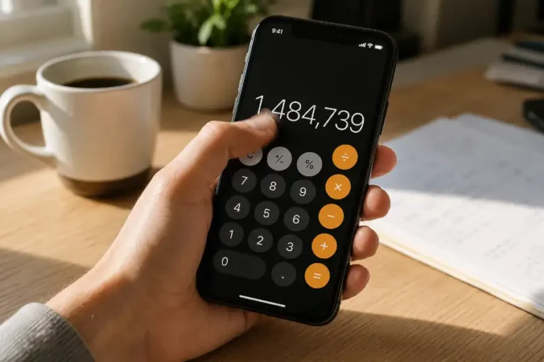 Person holding an iPhone with the Calculator app open, thumb swiping left across the number display to delete a digit using the hidden backspace trick