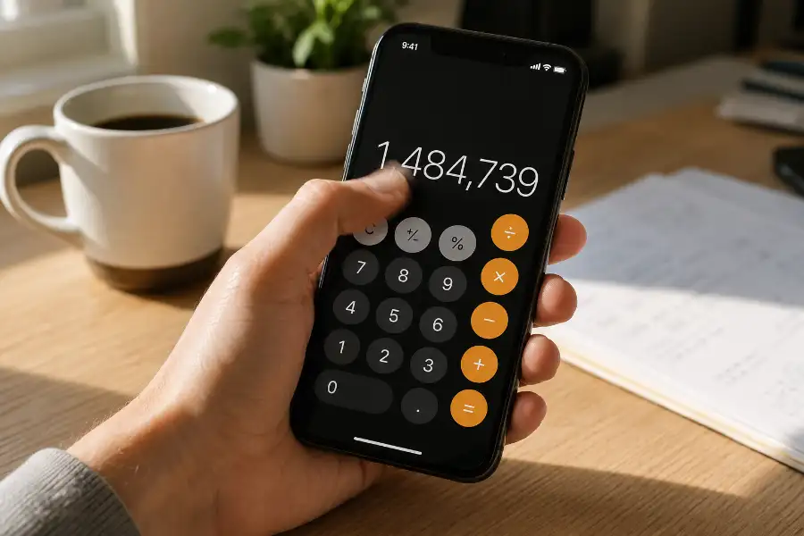 Person holding an iPhone with the Calculator app open, thumb swiping left across the number display to delete a digit using the hidden backspace trick