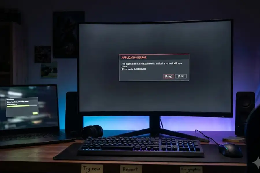 Realistic nighttime photo of a gaming desk setup showing a monitor displaying a game crash error, a backlit mechanical keyboard and mouse, handwritten sticky notes, and a laptop running a driver diagnostic tool, lit by ambient LED desk lighting