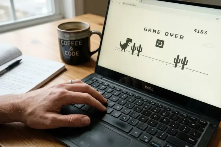 AI Dinosaur Game: How Chrome's Dino Learned to Play Itself 5 Laptop screen showing the AI dinosaur game running in bot mode with a hand resting near the keyboard