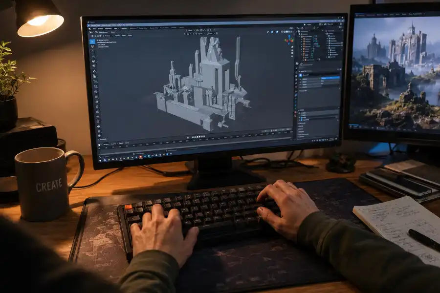 Blender Keyboard Shortcuts: Every Key You Need, by Mode 8 Person using Blender keyboard shortcuts while modeling a 3D object on a computer screen