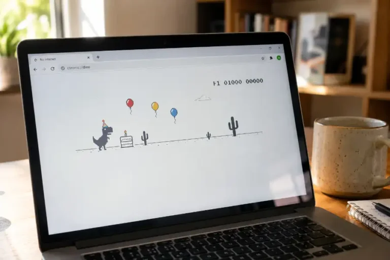 Chrome Dino Game Birthday Mode showing the T-Rex wearing a party hat next to a birthday cake and balloons