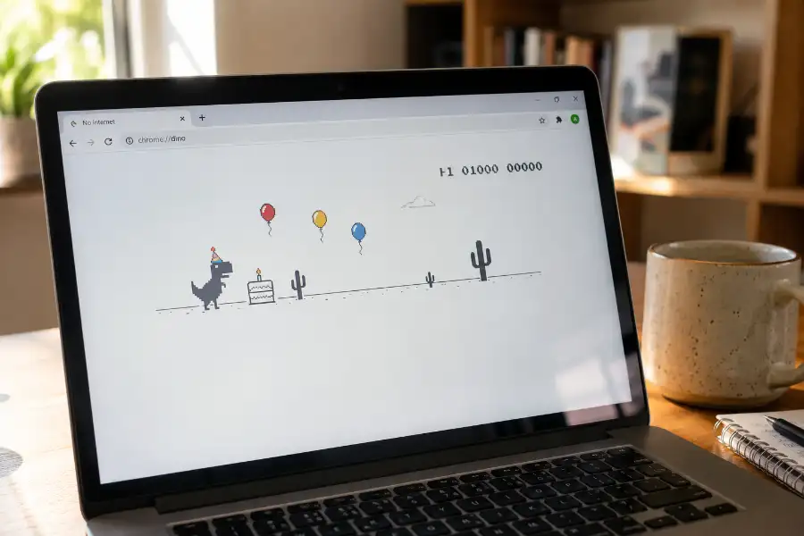 Chrome Dino Game Birthday Mode showing the T-Rex wearing a party hat next to a birthday cake and balloons
