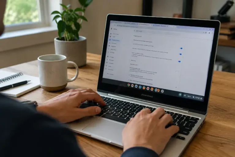 Chrome Flags Ash Debug Shortcuts: Enable Hidden Keyboard Commands 4 Person typing a keyboard shortcut on a Chromebook with the Chrome flags settings page open on screen