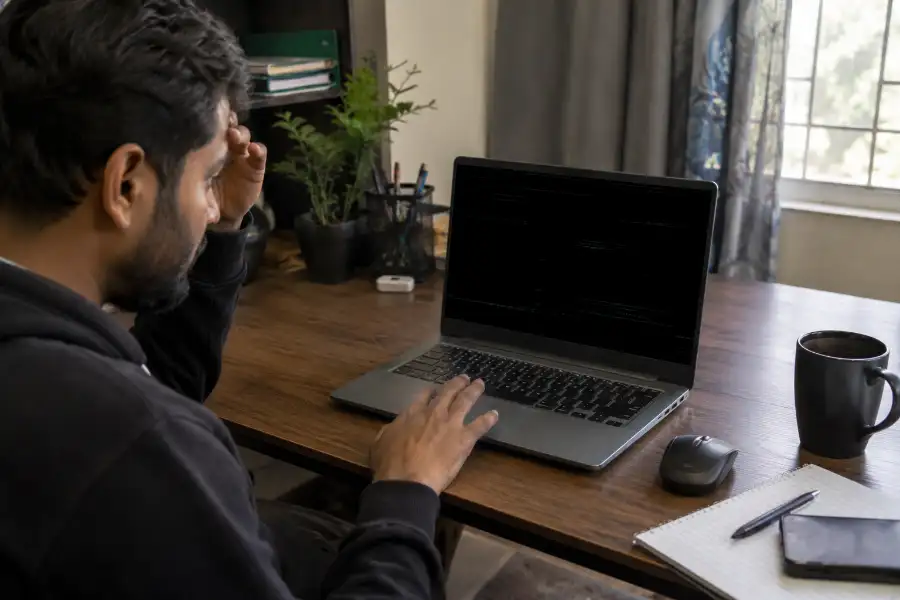 Ctrl Win Shift B: What It Really Does (Fix Black Screen Fast) 9 Person sitting at a desk looking puzzled at a laptop with a black, glitching screen