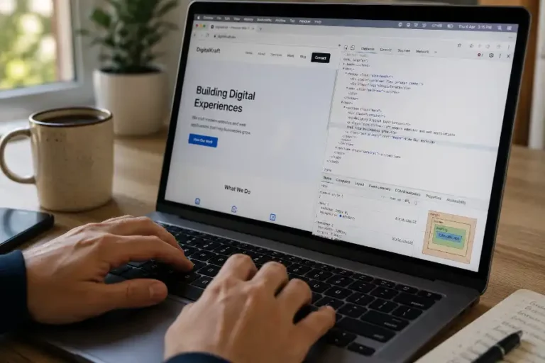 Person typing on a laptop keyboard with the Chrome browser open, showing DevTools panel while troubleshooting keyboard shortcuts