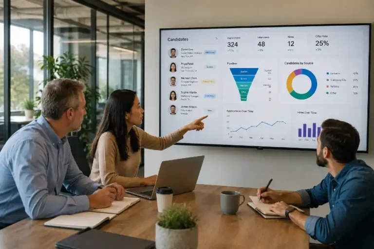 Emerging Trends in Talent Acquisition: Shaping the Future of Hiring 4 Diverse team of recruiters and hiring managers reviewing AI-powered candidate analytics together in a modern office