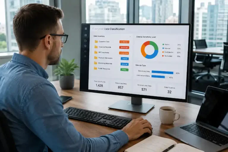 A man reviewing an AI powered data classification dashboard on a computer screen in a modern office