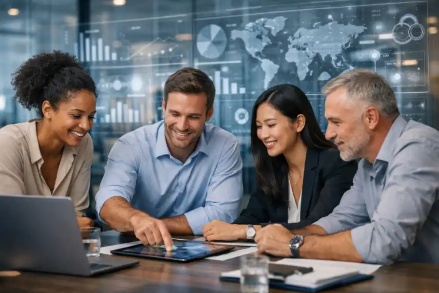 The Transformative Impact of HCM Technology on the Modern Workforce 2 Group of business colleagues smiling and working together on a software project at a modern office conference table.