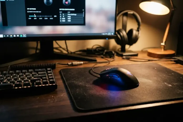 GT13 gaming mouse with RGB lighting on a desk next to a keyboard and monitor showing mouse software