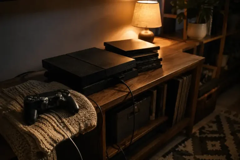 12 Hidden Video Game Gems Worth Playing Right Now 3 Cozy home gaming setup with retro console, controller, and stacked game cases representing hidden video game gems