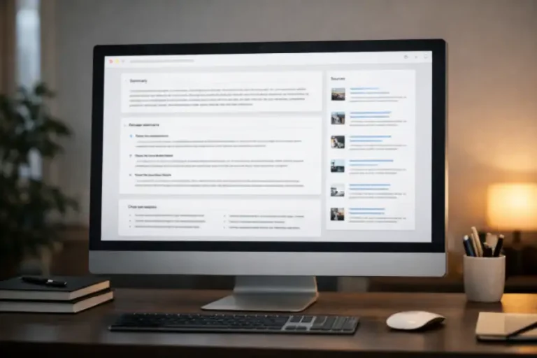 Modern desktop computer setup with a clean workspace showing a blog-style webpage on screen.