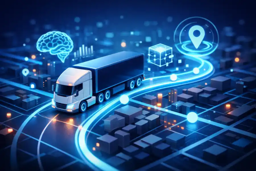 A modern semi-truck driving through a futuristic digital city grid with glowing neon blue route lines. Holographic icons of a brain, a data cube, and a location pin hover above, symbolizing AI-driven dispatch and smart logistics optimization.