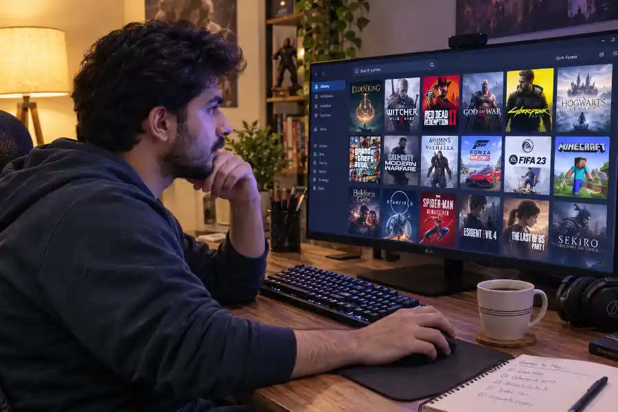 How to See Hidden Games on Steam (PC, Steam Deck & Filter Fix) 16 gamer checking a cluttered PC game library on a monitor at night