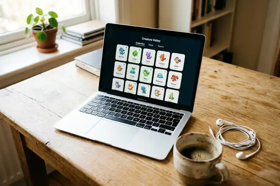 MacBook on a desk showing a mobile app screen used for organizing and transferring Pokemon