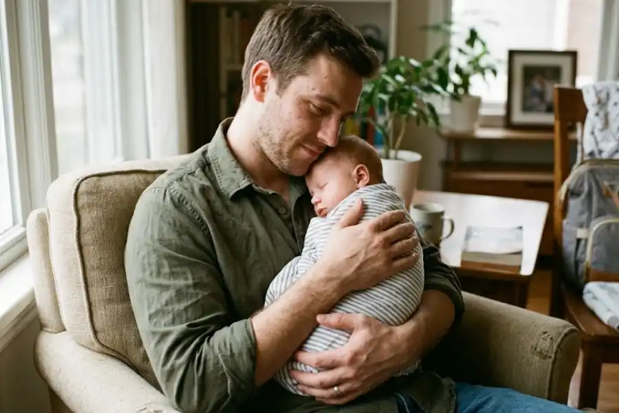Father holding his baby at home, representing unwed fathers rights in Oklahoma