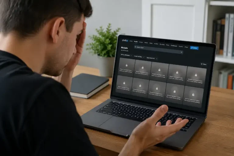 Models Have Been Hidden Due to Your Settings.: Quick Fix 2 A person sitting at a laptop with a puzzled expression, looking at a screen showing a grid of blurred, grayed-out thumbnail squares with a small padlock icon, representing hidden AI models blocked by content settings.