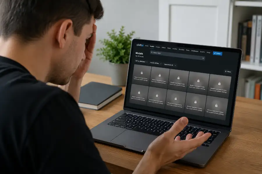 Models Have Been Hidden Due to Your Settings.: Quick Fix 1 A person sitting at a laptop with a puzzled expression, looking at a screen showing a grid of blurred, grayed-out thumbnail squares with a small padlock icon, representing hidden AI models blocked by content settings.