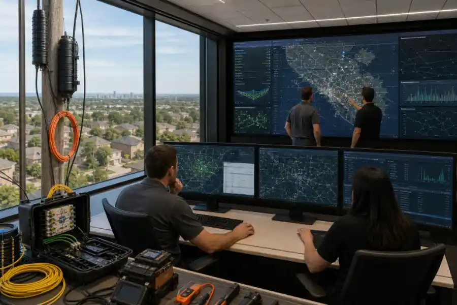 A modern network operations center with technicians monitoring multiple screens displaying maps, network data, and analytics.