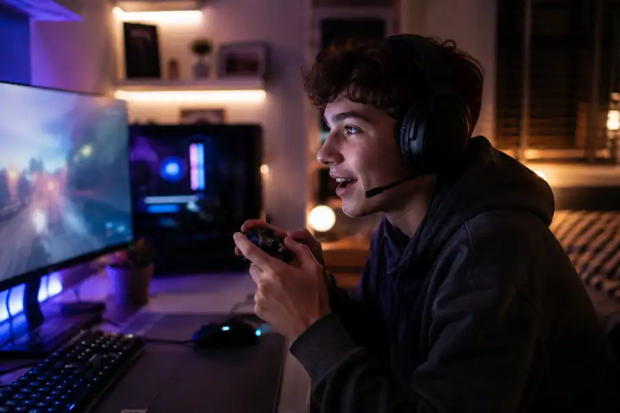 Teen gamer playing a colorful video game at a home gaming setup with headset and controller