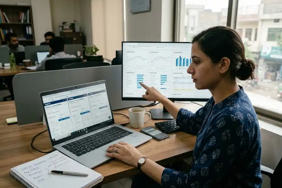Best Software Comparison Platforms for Choosing Business and Productivity Tools 4 Business professional comparing software platforms on a laptop and monitor in a modern office