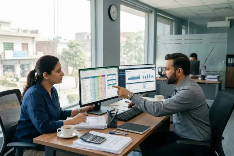 Best Workflow Automation Tools for Accounting Teams 2 Accounting team reviewing financial reports and reconciliation software on computer screens in a modern office