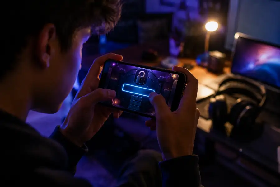 Geometry Dash Vault of Secrets Codes (Full List, 2026) 1 Person holding smartphone showing a mobile arcade game vault screen with a glowing code entry box