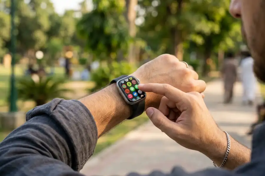 Person checking hidden features of Apple Watch settings menu on their wrist