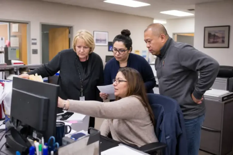 How K-12 Districts Can Connect Data, People, And Daily Work 6 Four office colleagues gathered around a computer screen reviewing information together.